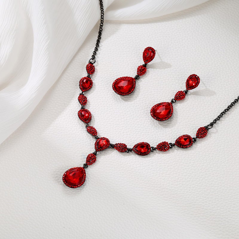 EleQueen Women's Cubic Zirconia Teardrop Y-Necklaces Dangle Earrings Sets for Brides Bridesmaids Ruby Black-Tone - Image 3